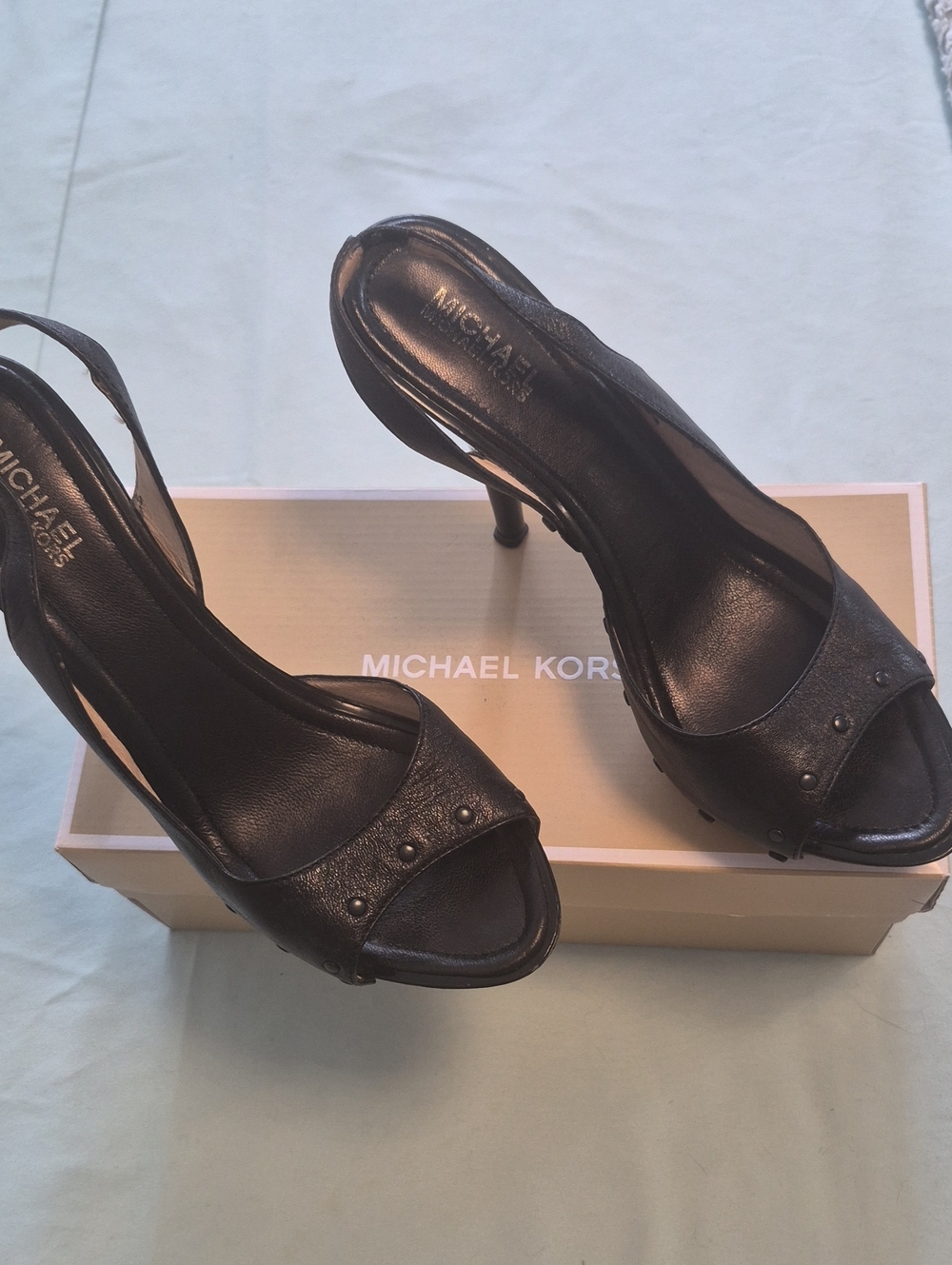 Michael Kors Black Leather Peep-Toe Slingback Heels with Stud Detail